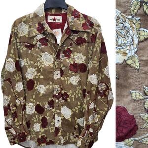 Vintage Project Red Western Shirt Mens L-XL Brown Red Floral Amber Snaps Casual